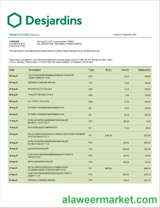 Desjardins Bank corporate checking account statement Word and PDF template
